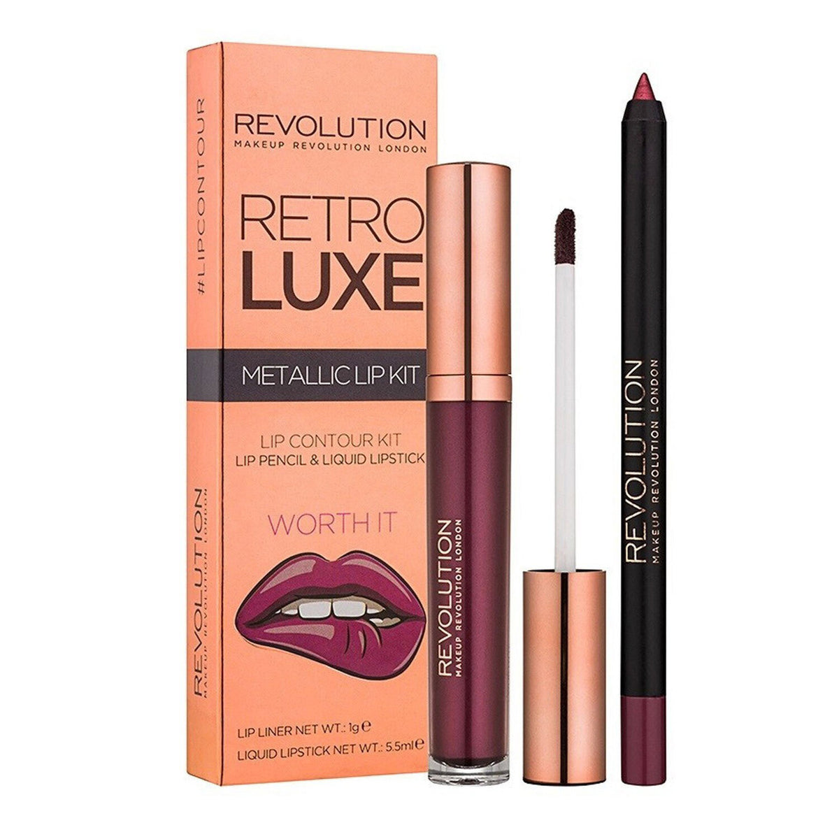 Set Makeup Revolution: Retro Luxe, Metallic, Liquid Lipstick, Worth It, 5.5 ml + Retro Luxe, Lip Liner, Worth It, 1 g